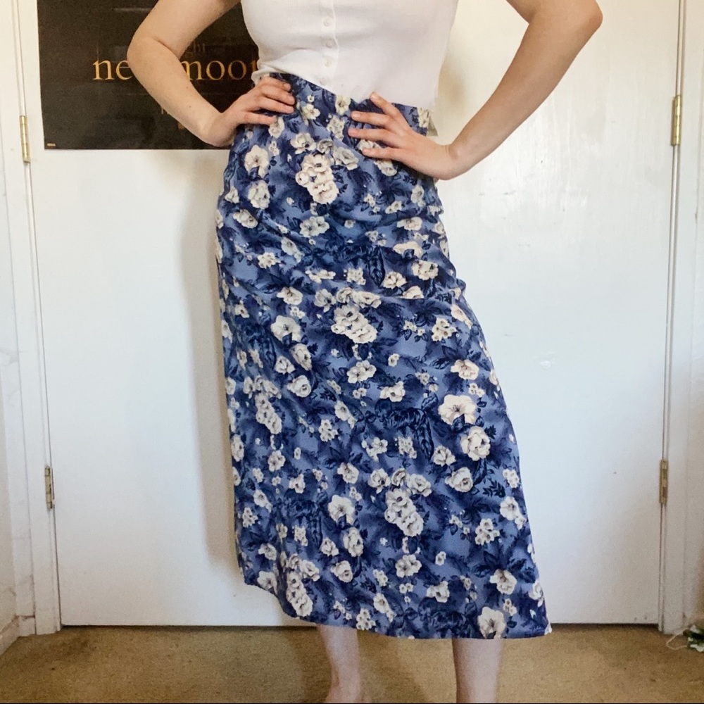 Vintage Blue White Floral High Waisted Midi Skirt